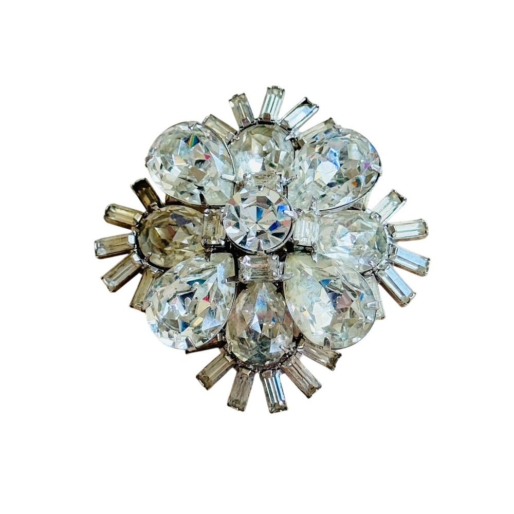 Weiss Starburst Brooch Pin VTG Silver Baguette Crystal Rhinestone 40s Unsigned